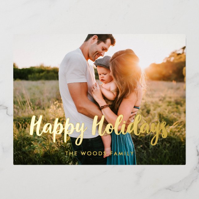Happy Holidays Modern photo Foil Holiday Postcard (Front)