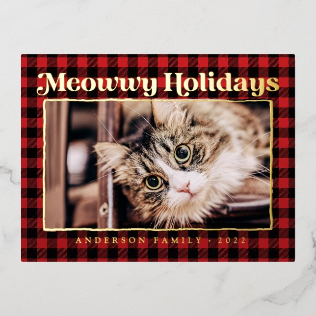 Happy Holidays Modern Plaid Funny Pet Cat Photo Foil Holiday Postcard (Front)