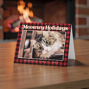 Happy Holidays Modern Plaid Funny Pet Cat Photo Holiday Card