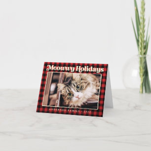 Happy Holidays Modern Plaid Funny Pet Cat Photo Holiday Card