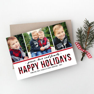 Happy Holidays Modern Red Buffalo Plaid Photo Holiday Card