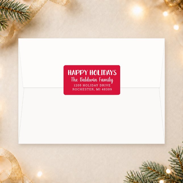 Happy Holidays Modern Red Family Address Label (Creator Uploaded)