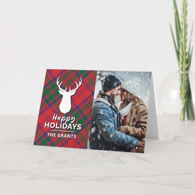 Happy Holidays Modern Red Green Plaid Tartan Photo Holiday Card (Front)