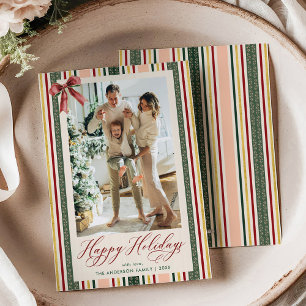 Happy Holidays Modern Retro Stripes Bow Photo Holiday Card