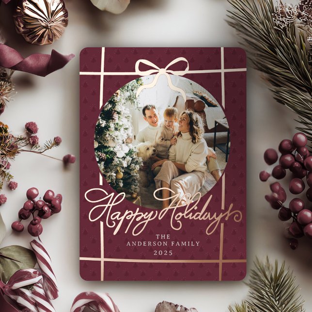 Happy Holidays Modern Script Bow Burgundy 1 Photo (Gold Foil Calligraphy Happy Holidays Photo Christmas Card)