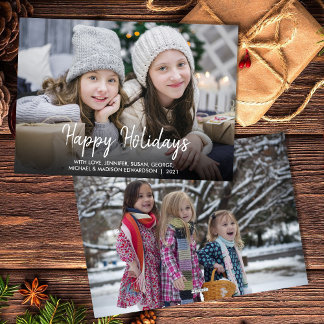 Happy Holidays modern script family photo Holiday Card