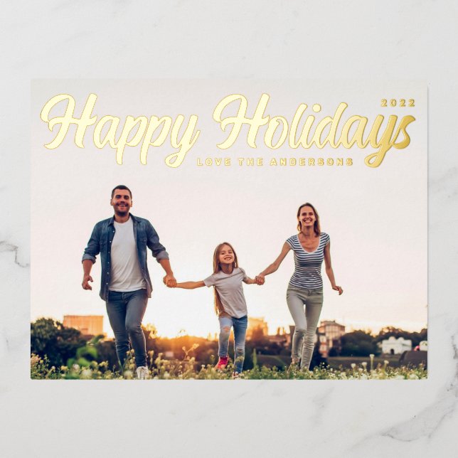 HAPPY HOLIDAYS MODERN Script Gold Photo Foil Holiday Postcard (Front)