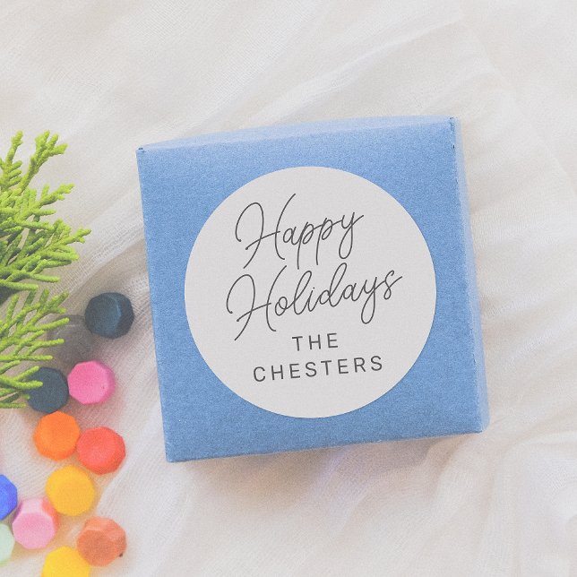 Happy Holidays Modern Script Minimalist Christmas Classic Round Sticker (Creator Uploaded)