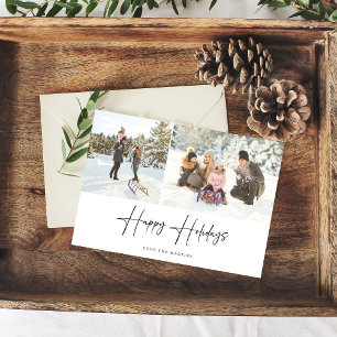 Happy Holidays Modern Script Two Photo Card