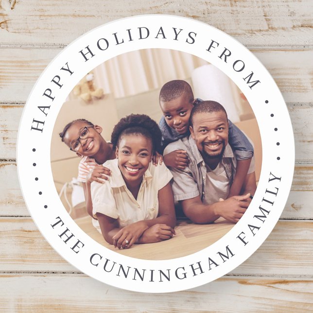 Happy Holidays Modern Simple Chic Family Photo Classic Round Sticker (Creator Uploaded)