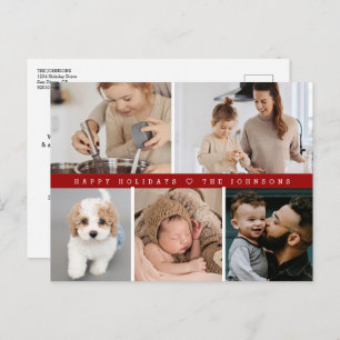 Happy Holidays Modern Simple Family Photo Grid Red Holiday Postcard