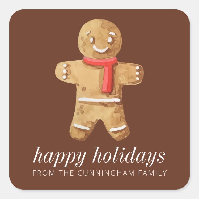 Happy Holidays Modern Watercolor Gingerbread Man Square Sticker (Front)