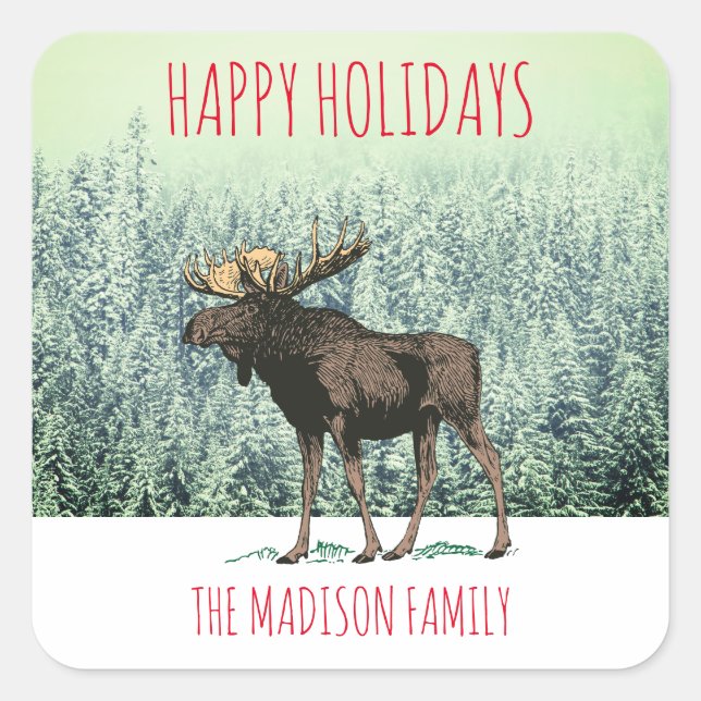 Happy Holidays Moose In Snow Custom Family Name Square Sticker (Front)
