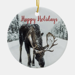 Happy Holidays Moose In Winter Christmas Ceramic Tree Decoration