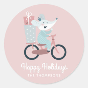 Happy Holidays Mouse Riding Bicycle Personalised Classic Round Sticker