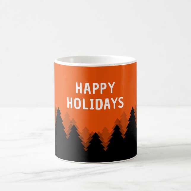 Happy Holidays mug with red forest and black trees (Center)