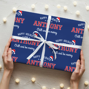 Happy Holidays Name Christmas Santa Hat Navy Red Wrapping Paper