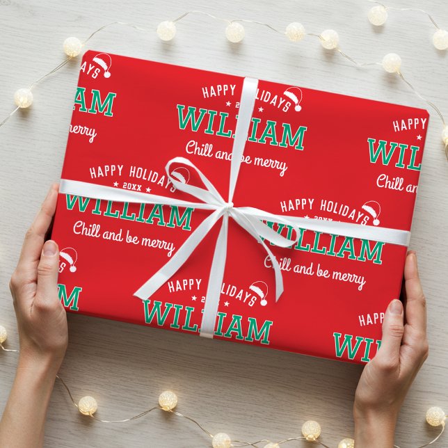 Happy Holidays Name Christmas Santa Hat Red Green Wrapping Paper (Creator Uploaded)
