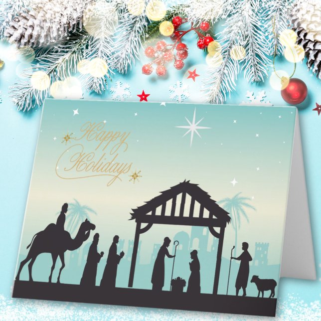 Happy Holidays Nativity Manger Scene Holiday Card (A peaceful nativity scene to share the warmth and wonder of the season.)