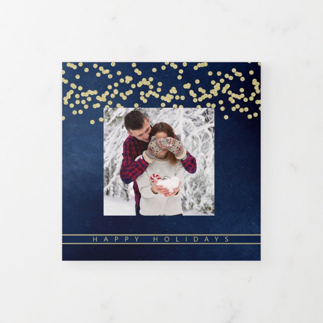 Happy Holidays Navy and Gold Family Photo Collage Tri-Fold Holiday Card (Cover)