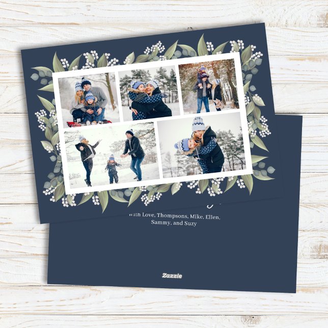 Happy Holidays Navy Blue Floral Photo Collage Holiday Card (Multi photo collage custom Navy blue holiday photo card.)