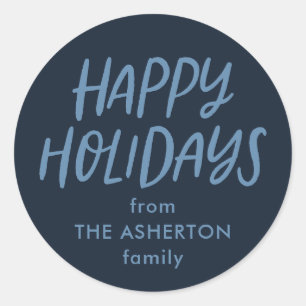 Happy holidays navy blue simple gift classic round sticker