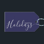 Happy Holidays Navy Blue White Minimalist Gift Tags<br><div class="desc">This minimalist and elegant gift tag features white Happy Holidays text on the front side and on the back side personalise it with your name or family name. The background is in navy blue colour.</div>