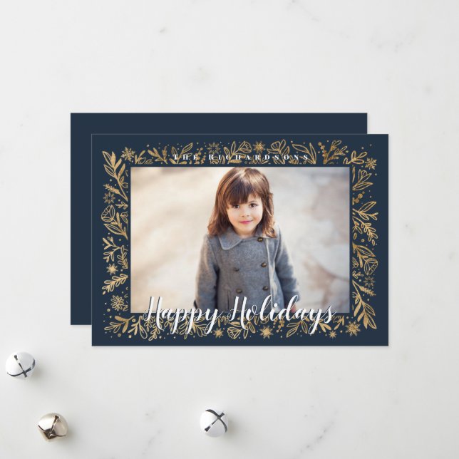 Happy Holidays Navy & Gold Foliage & Snowflakes Holiday Card (Front/Back In Situ)