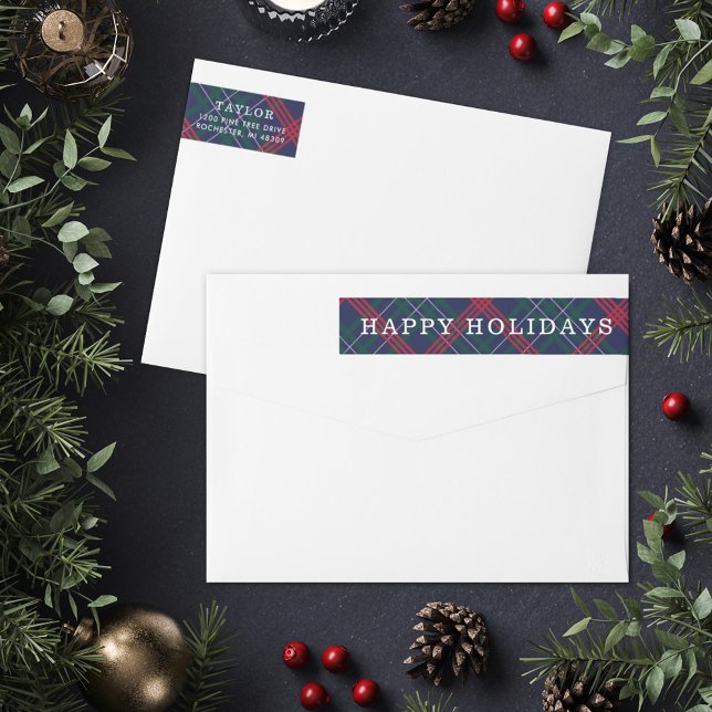 Happy Holidays Navy Red Tartan Plaid Wrap Around Label (Creator Uploaded)