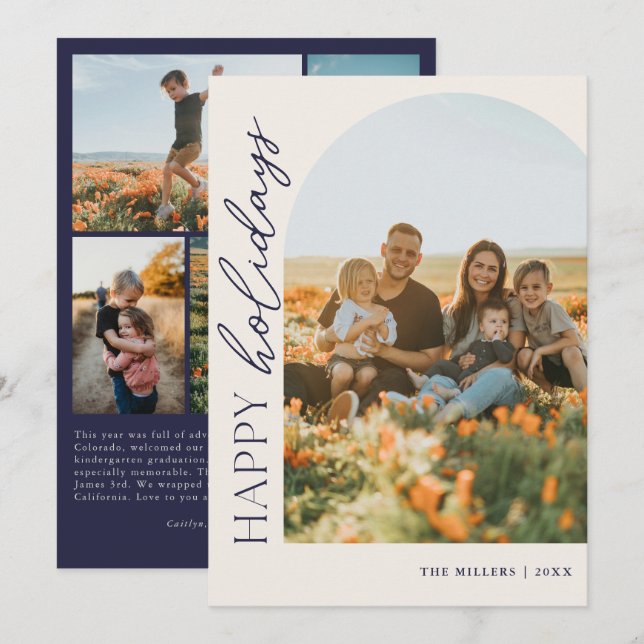 Happy Holidays Navy Script 5 Photo Arch With Text Holiday Card (Front/Back)