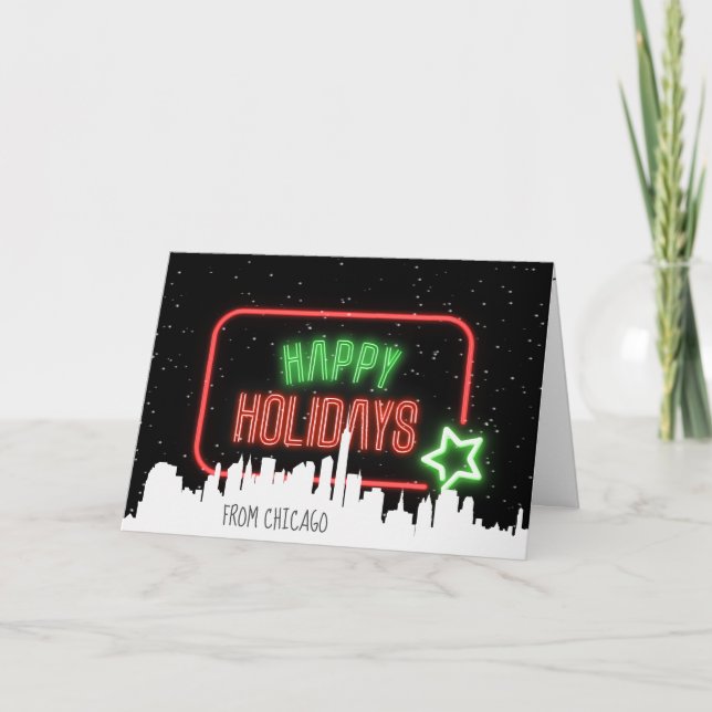 Happy Holidays Neon Sign Snowflakes Card (Front)