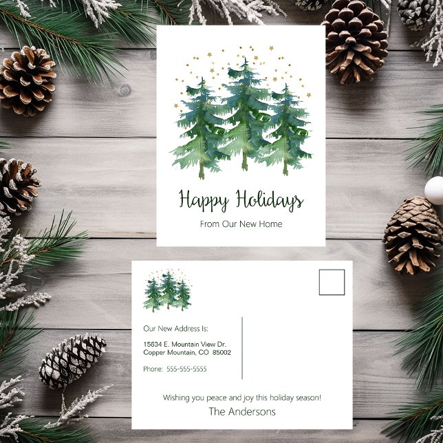 Happy Holidays New Home Pine Trees Announcement Postcard (Creator Uploaded)