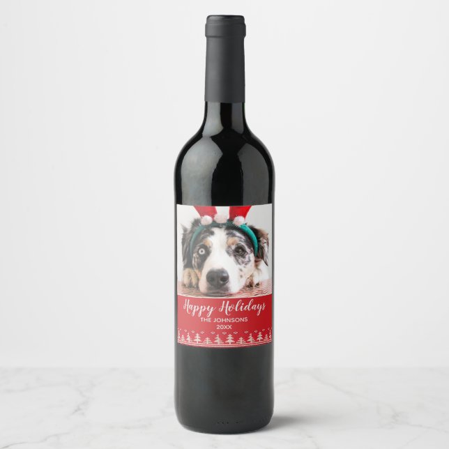 Happy Holidays Nordic Pattern Photo Wine Label (Front)