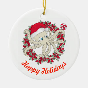 Happy Holidays Octopus Ceramic Tree Decoration