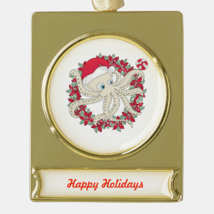 Happy Holidays Octopus Gold Plated Banner Ornament