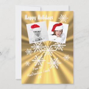 Happy holidays on gold with snowflakes holiday card