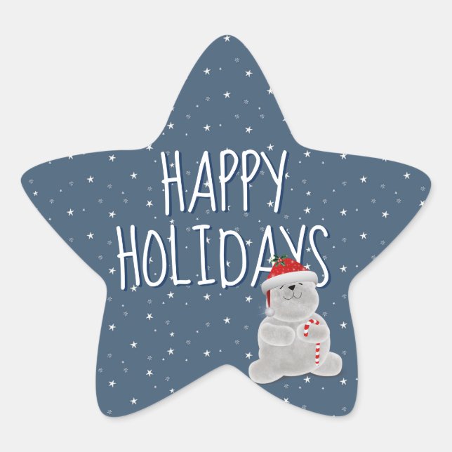 Happy Holidays On Stars and Polar Bear Star Sticker (Front)