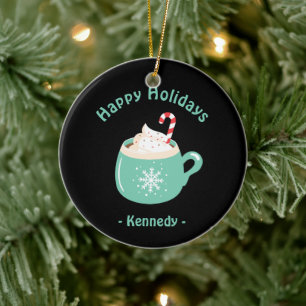 Happy Holidays Pastel Blue Hot Chocolate Cup Ceramic Tree Decoration