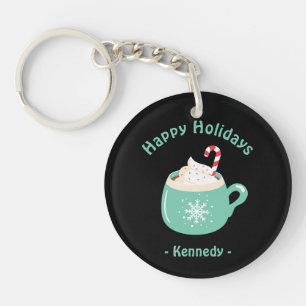 Happy Holidays Pastel Blue Hot Chocolate Cup Key Ring