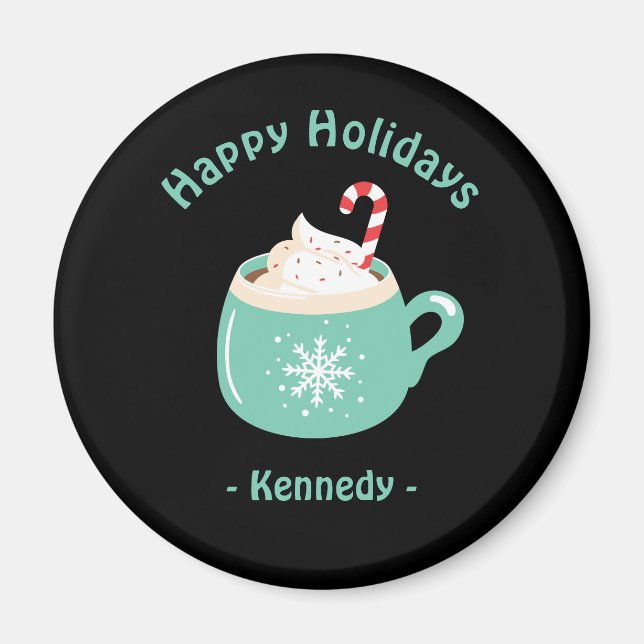 Happy Holidays Pastel Blue Hot Chocolate Cup Magnet (Front)
