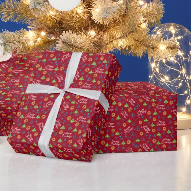 Happy Holidays Pattern Red Christmas Wrapping Paper (Holidays)
