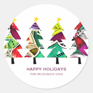 Happy Holidays Patterned Christmas Trees Classic Round Sticker