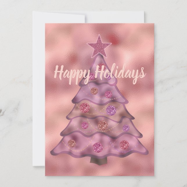 Happy Holidays Peace Joy Love Pink Christmas Tree Holiday Card (Front)