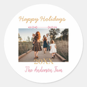 HAPPY HOLIDAYS PEACH 20XX FAMILY NAME PHOTO PASTEL CLASSIC ROUND STICKER
