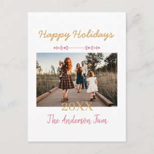 HAPPY HOLIDAYS PEACH 20XX FAMILY NAME PHOTO PASTEL HOLIDAY POSTCARD