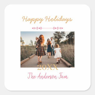 HAPPY HOLIDAYS PEACH 20XX FAMILY NAME PHOTO PASTEL SQUARE STICKER