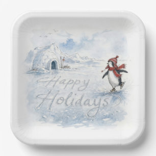 Happy Holidays Penguin Ice Skating Paper Plate