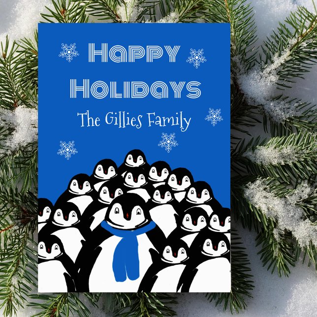 Happy Holidays Penguin Personalised Blue Holiday Card (Creator Uploaded)