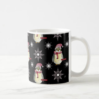 Happy Holidays Penguins and Snowflakes on Black Coffee Mug