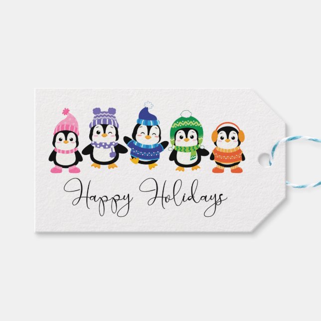 Happy Holidays Penguins Gift Tags (Front (Horizontal))